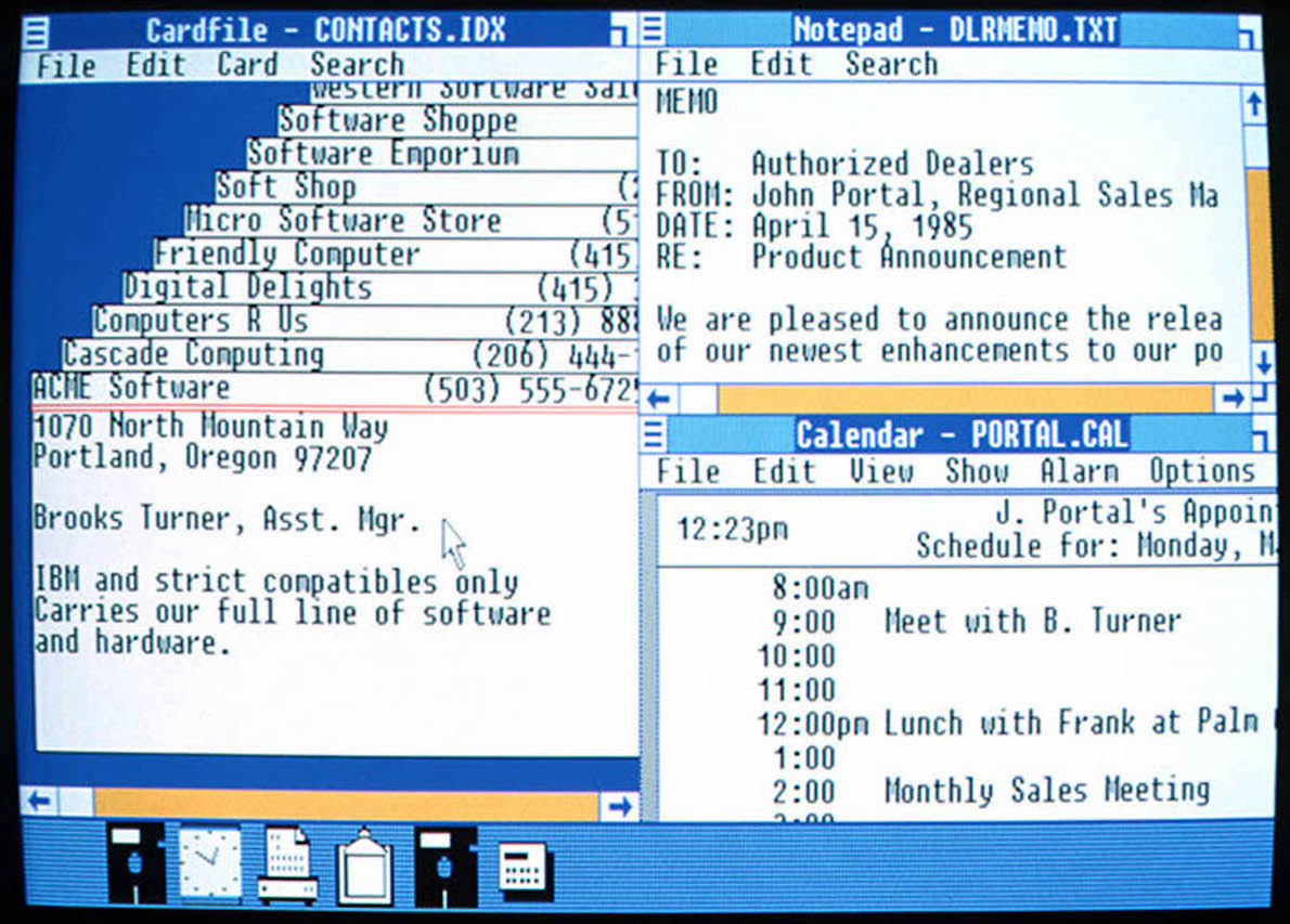 Windows 1.01 Calendar, Notepad, and Cardfile on CRT display (1985)